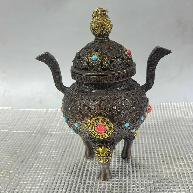 Copper incense burner with gemstone inlay, three-legged, home craft ornament