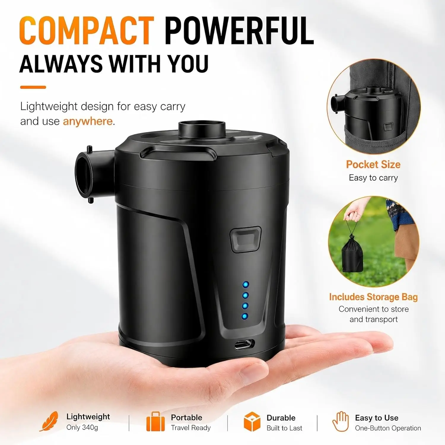 Rechargeable Portable Air Pump 5200mAh Battery 400L/min Fast