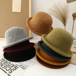 Women Hat Winter Wool Knitted Fedora Small Topper Hat Casual Ladies Solid Color British Top Hat Rolled Brim Official Website