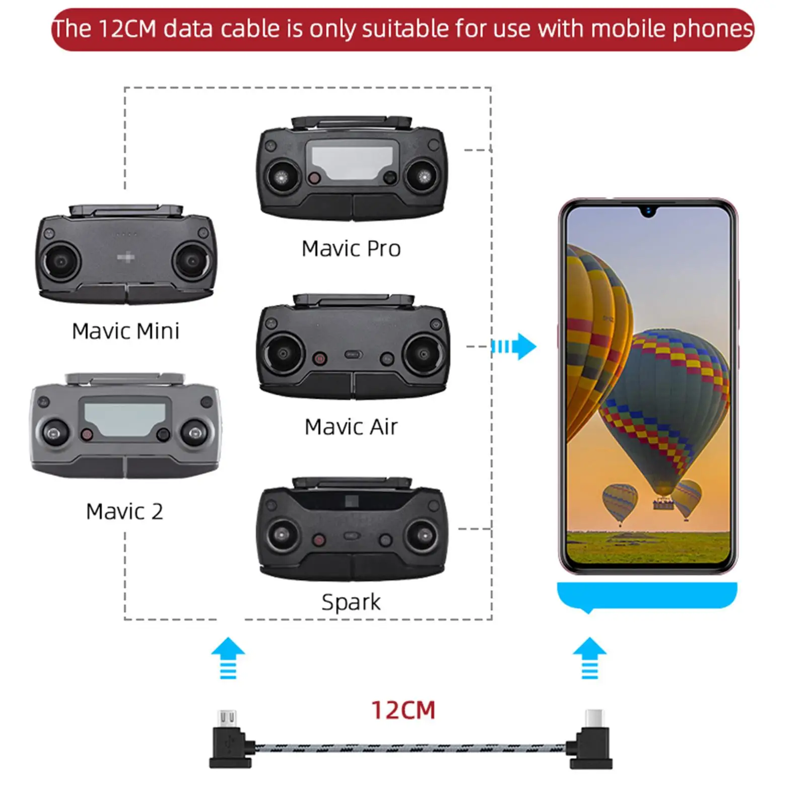 11.8 Inch RC Data Cord Nylon Braided Extension Drone Controller Accessories USB Cable Line for DJI Compatible Models