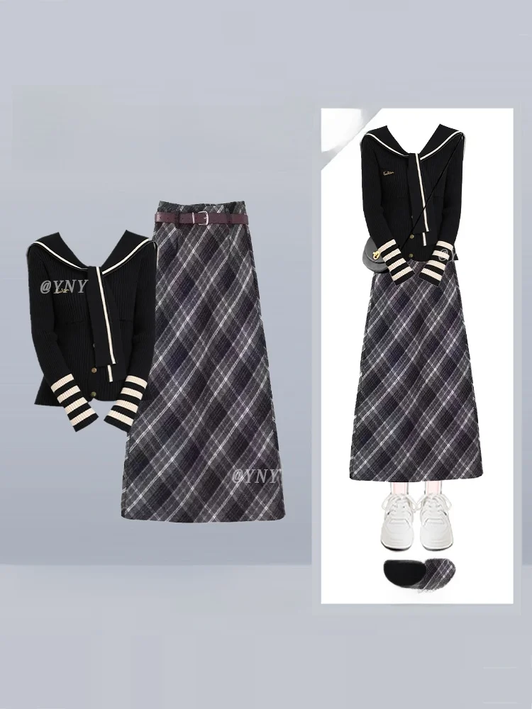 

Комплект из вязаного свитера с воротником-стойкой и юбки в полоску, с длинными рукавами, в студенческом стиле, зимний модный женский костюм-двойка, облегающее платье