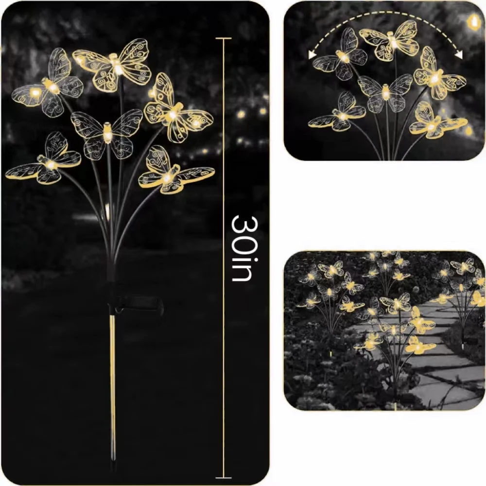 1 szt. Ogrodowe solarne lampki motylek, zewnętrzne 6LED, wodoodporne lampki wbijane do trawnika, ścieżki, patio