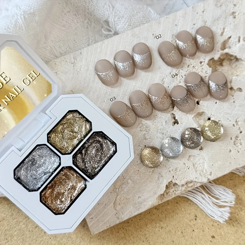 4 สี METALLIC GOLD Rose Gold Silver Noble เล็บ Solid กาวติดทนนานกาวไล่ระดับสี Glitter Effect เล็บของขวัญ Salon,สามารถ