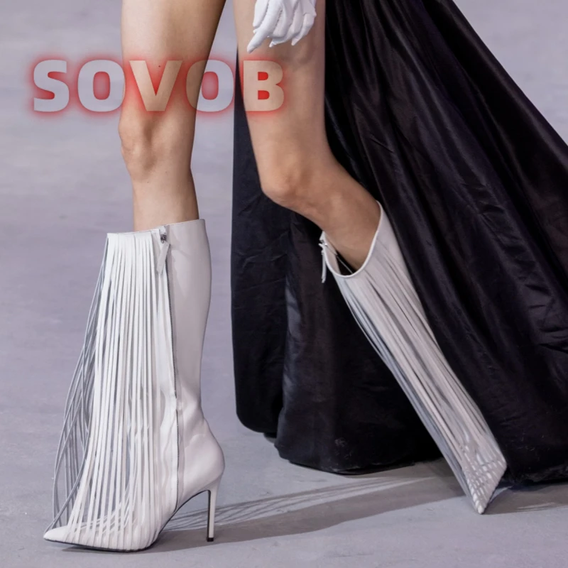 Fringe Detail Knee High Boots with Stiletto Heels Pointed Toe Tassel Design for Women Fall Winter Dress Shoes Side Zip Long Boot
