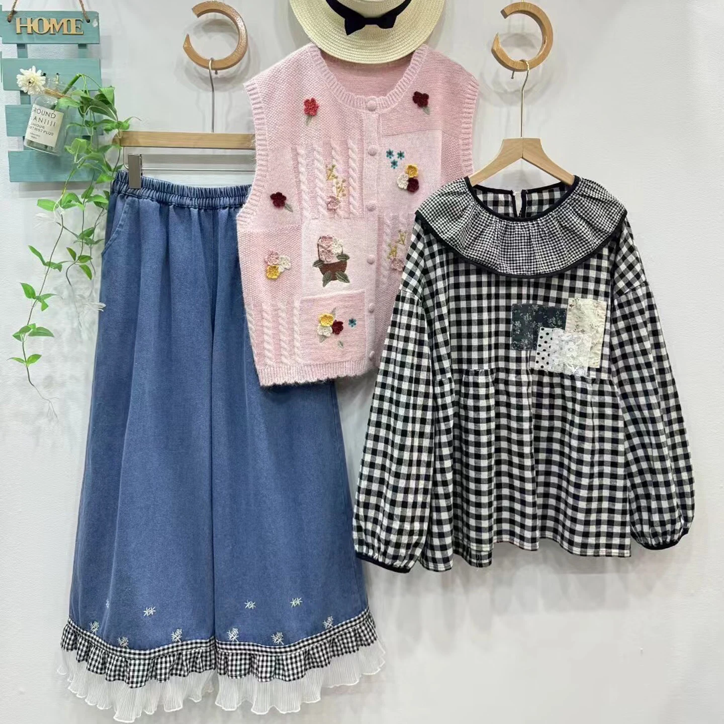 Colletto per bambola da ragazza carina lungo Sve irt Top da donna in cotone casual con vestibilità ampia scozzese floreale vintage giapponese