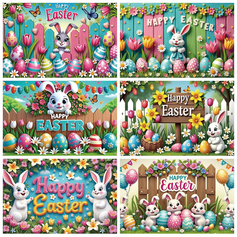 

MOON.QG Fairy Easter Rabbit Photography Background Tulip Eggs Fence Photozone Backdrop Children Photo Studio Photobooth Props