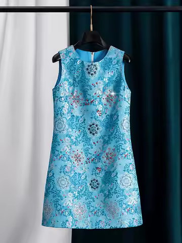 2026 New Hand-Beaded Blue Jacquard Sleeveless Dress Women Summer Party Cocktail Elegant Vest Evening Dress