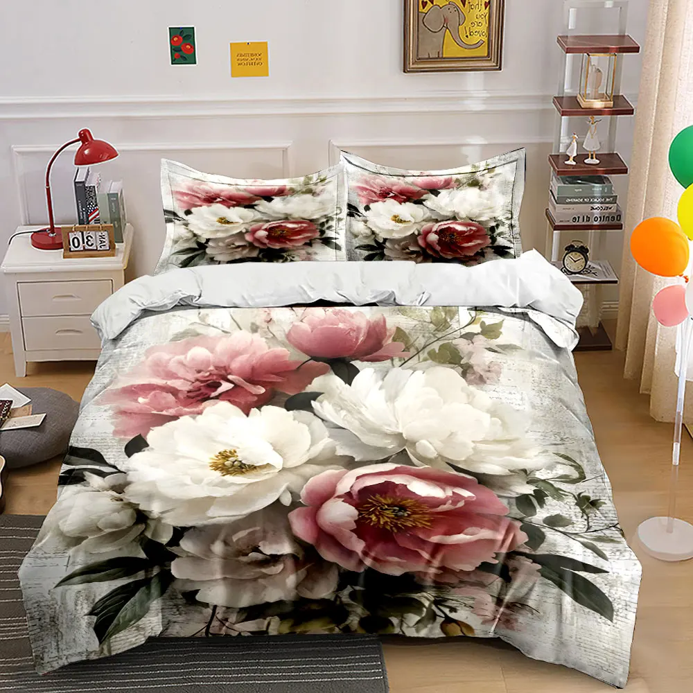 Elegant Pink and White Peony Illustration Duvet Cover Set with 3D Printing Design Soft Polyester Bedding Set All-Season Comfort