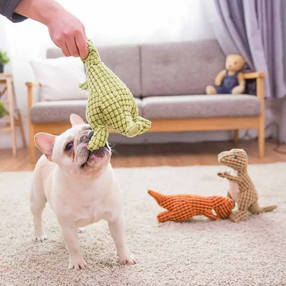 Pet dog chews stuffed with funny dinosaur shaped plush vocal toys suitable for training kinematic simulated animal dog toys view 4