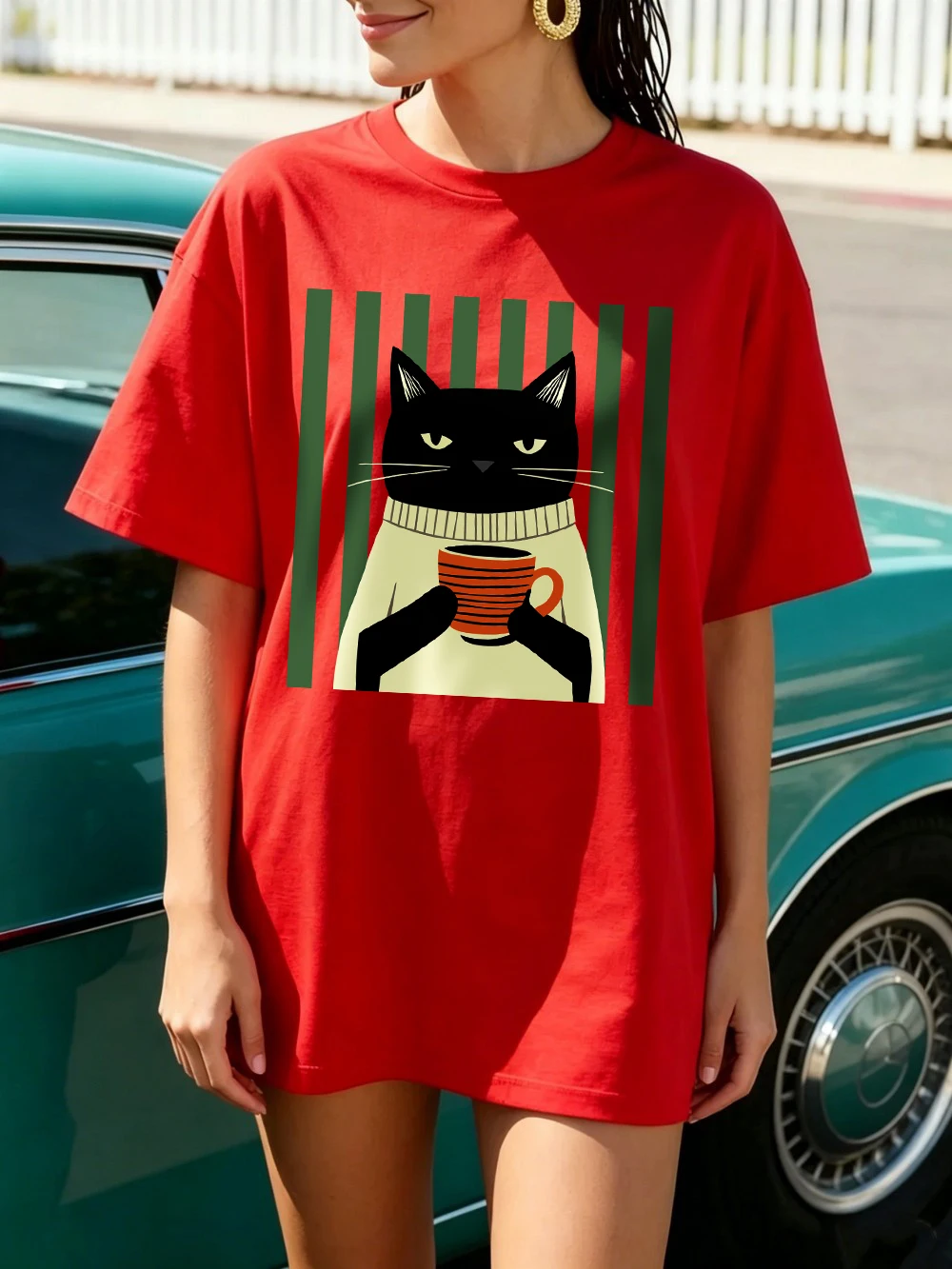 Schwarze Katze Kaffeetassen-Druck Baumwoll-T-Shirts Damen Sommer Oversized Tops Lässige Weiche Kurzarm-T-Shirts Basic O-Ausschnitt Kleidung – Detail 23