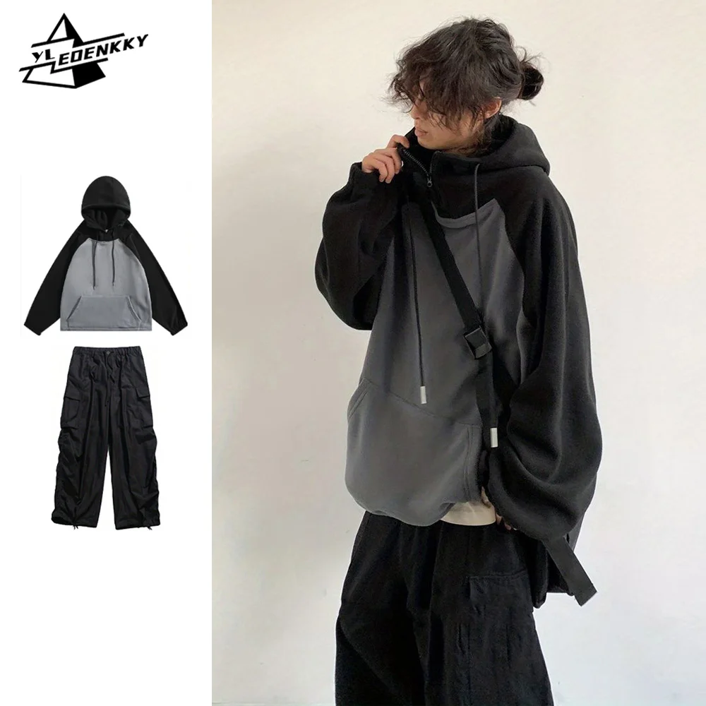 Japanese Oversize Set Men Patchwork Fleece Loose Hooded Sweatshirt+Casual Multi-pocket Wide-leg Cargo Pants Autumn Couple Suit