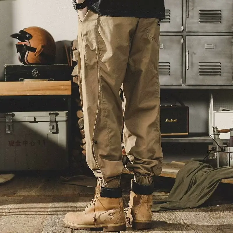 Men's Vintage Cuffed Leg Cargo Pants Autumn Wide Leg Heavyweight Outdoor Camping Casual Pants  Trousers