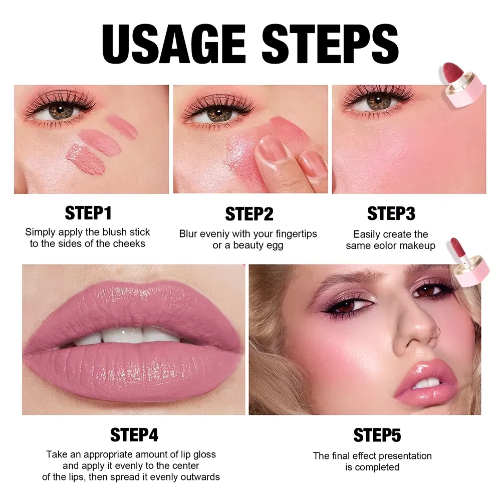 Punta de esponja para colorete líquido 2 en 1, fácil de aplicar, brillo de labios mate, cabezal de cepillo de esponja para colorete resistente al agua de larga duración de 6 colores