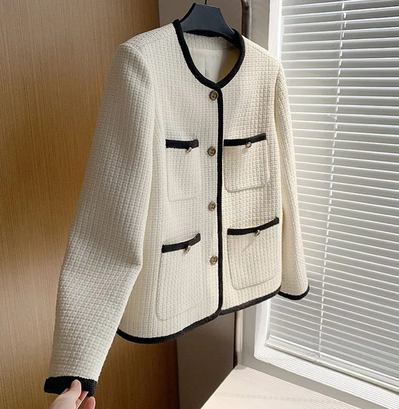 Elegant Women Tweed Jackets Autumn Korean Small Fragrance Single Breasted All Match Coats Harajuku Streetwear O Neck Outwear