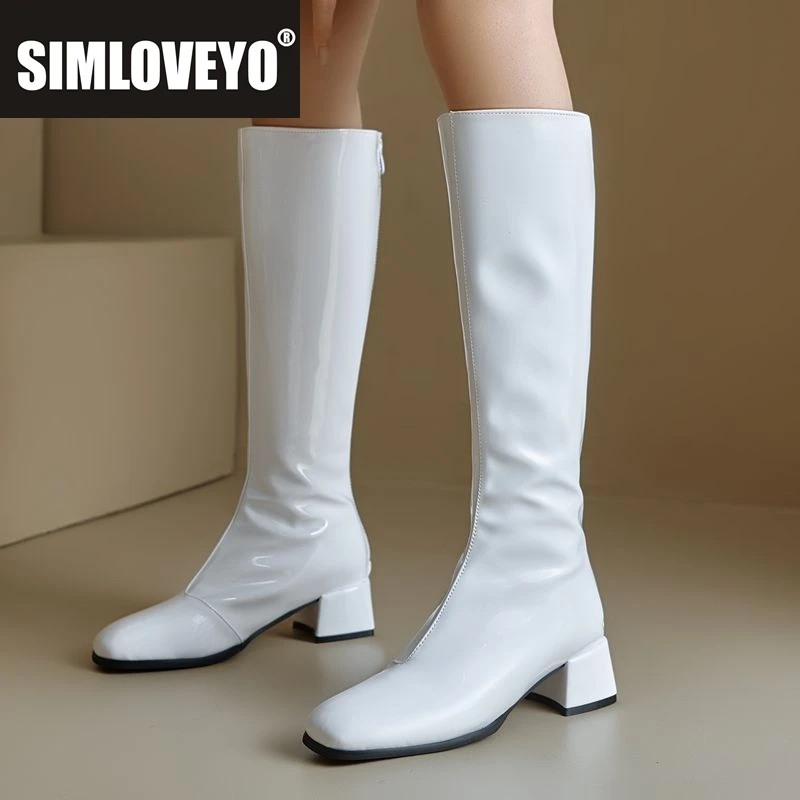 

SIMLOVEYO Роскошные пикантные женские сапоги до колена с квадратным носком на блочном каблуке 4,5 см, блестящие повседневные ботильоны на молнии для отдыха, большой размер 44 45 46
