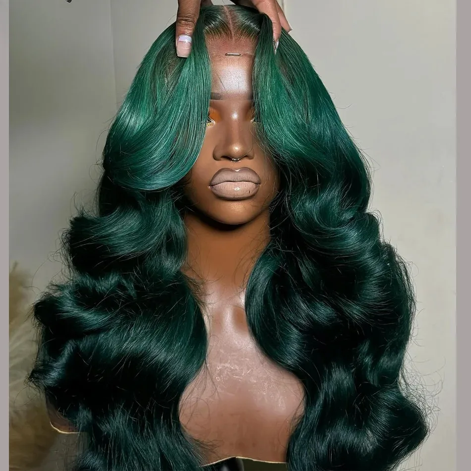 Emerald Green Wig 13x4 HD Lace Frontal Wig Body Wave Lace Front Wig for Women Pre Plucked Dark Green Synthetic And Blend Cosplay
