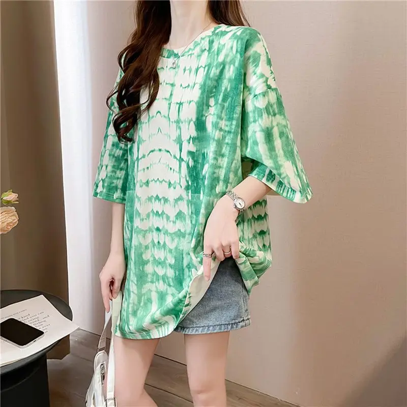 

Women's Clothing Spring Summer New Trend Korean Print Short Sleeve T-Shirt Midi Length Loose Stylish Casual Top