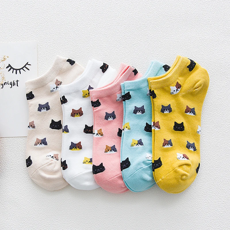 5 Pairs New Women Socks Cute Cartoon Cat Cotton Ankle Socks Colorful Funny Socks Girls Breathable Casual Socks Calcetines Mujer