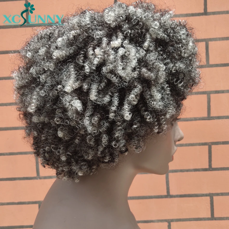 Peluca rizada Afro con flequillo para mujeres negras, cabello humano gris, corto, Bob, resaltado, 200 de densidad