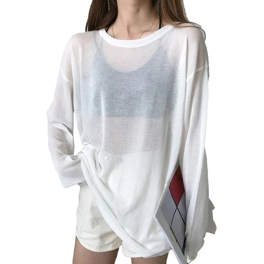 Women Lazy Fashion T-shirt Ultra-Thin See Through Sun Protection Simple All-match Thin White Pullover Summer Temperament Classic