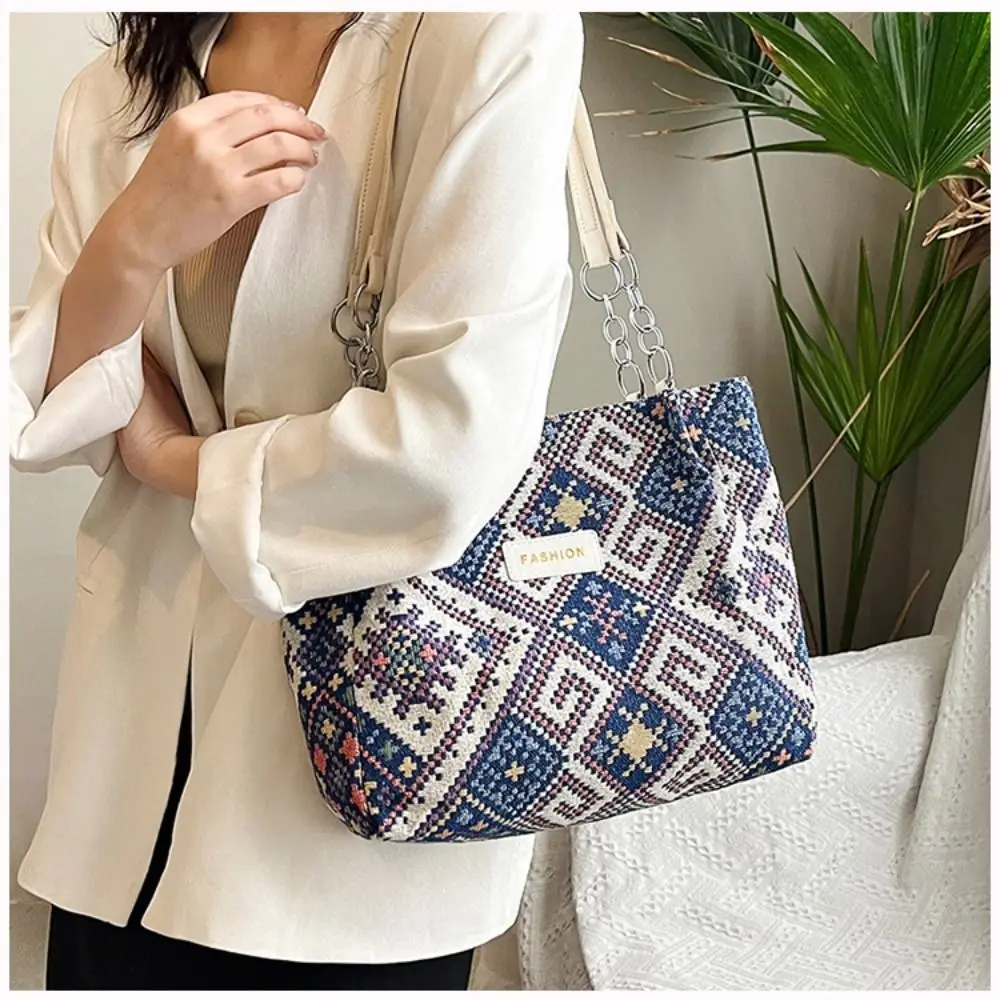 Women Canvas Shoulder Bags Eco Reusable Retro Ethnic Shopper Fashion Large Capacity Handbags Casual Simple Bag For Students