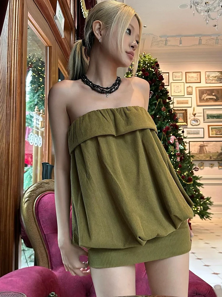 Sukienka Weird Puss Hottie Bud, damska, bez ramiączek, prążkowana, z odkrytymi plecami, patchworkowa, seksowna, nowy trend, jednolita, brzoskwiniowa, podkreślająca biodra, na randkę, do klubu, streetwear