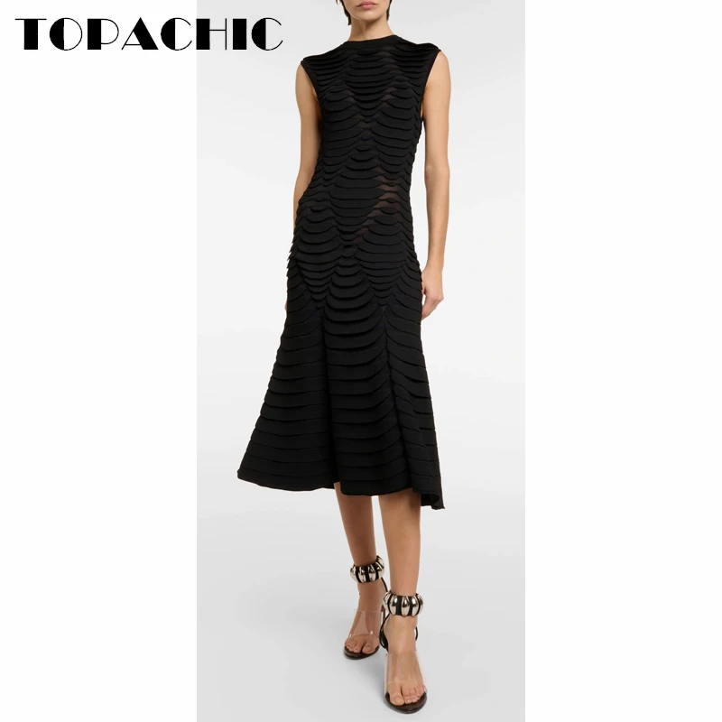 1.3 TOPACHIC Women\'s Elegant Black Round Neck Sleeveless Trumpet Dress Slim Knitted Mermaid Dress