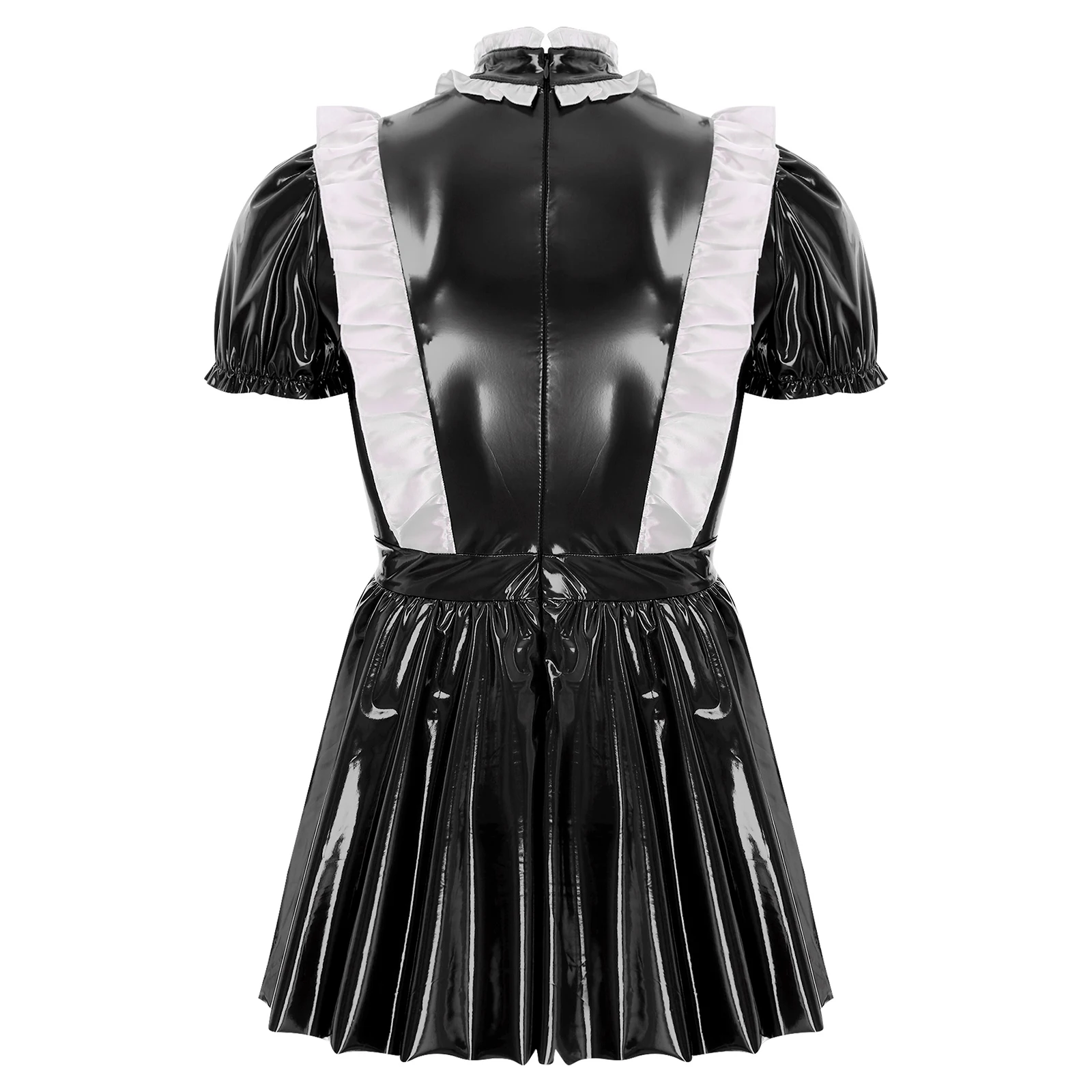 Heren Sexy Sissy Meid Uniform Outfit Wetlook Latex Ruches Korte Mouw Een Lijn Jurk Crossdressing Kostuum Thema Club Danskleding