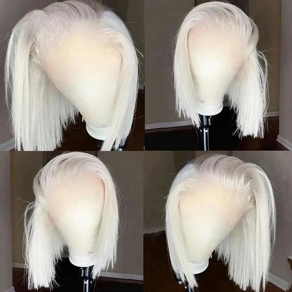 

White Blonde Straight Short Bob Lace Front Wigs 13x4 HD Transparent Lace Frontal Wig Pre Plucked Synthetic Glueless Daily Party