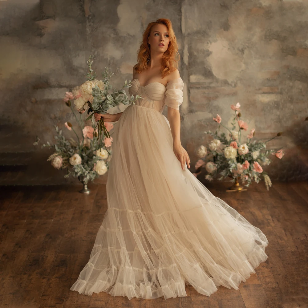 Off Shoulder Women Prom Dress for Photoshoot Ruffled Tiered Outfit Maxi Gown Tulle Robe A Line Wedding Party Bridal Dress