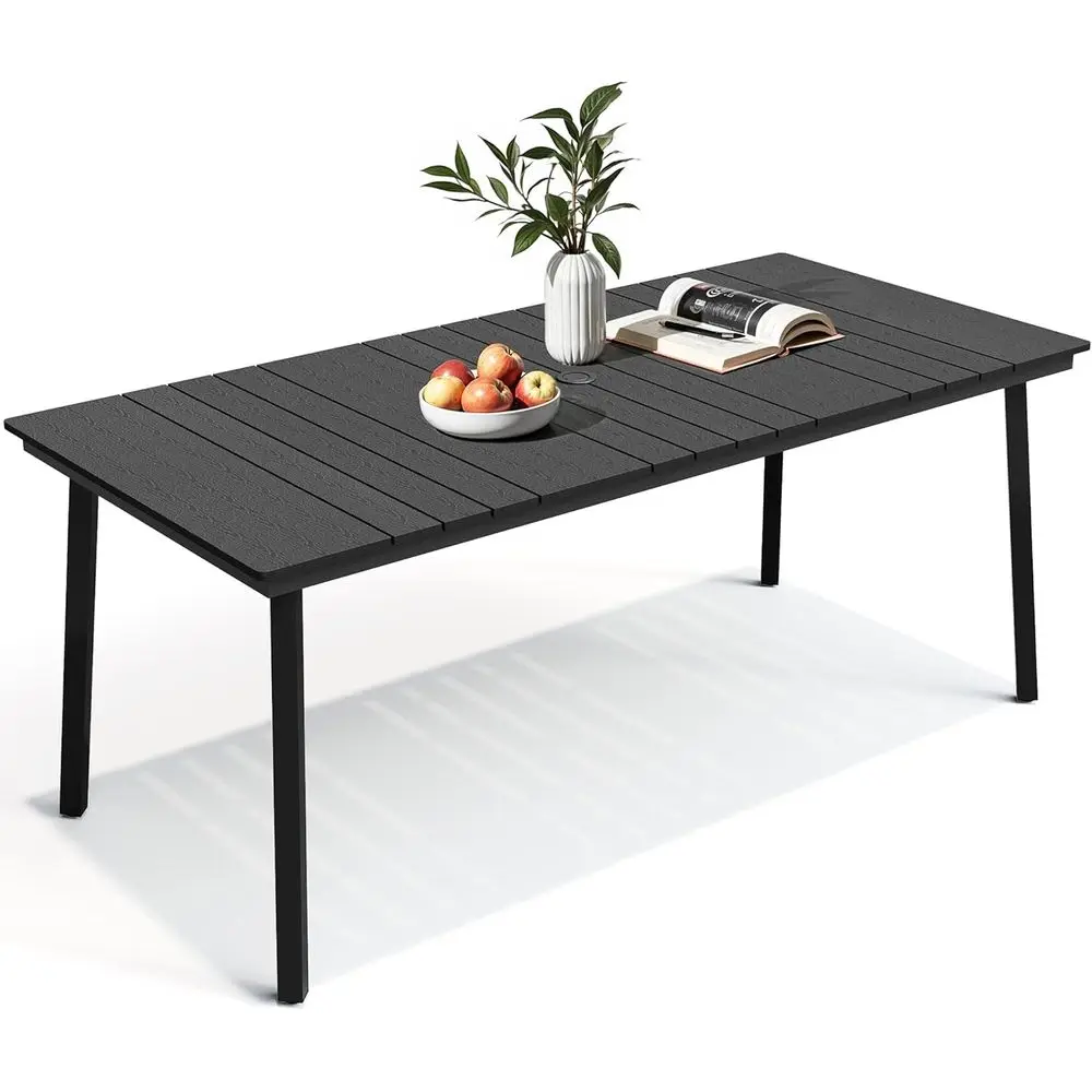 

70 Inch Outdoor Patio Dining Table or 6 with Wood-Like Top & Umbrella Hole, Black All-Weather Deck & Backyard Table