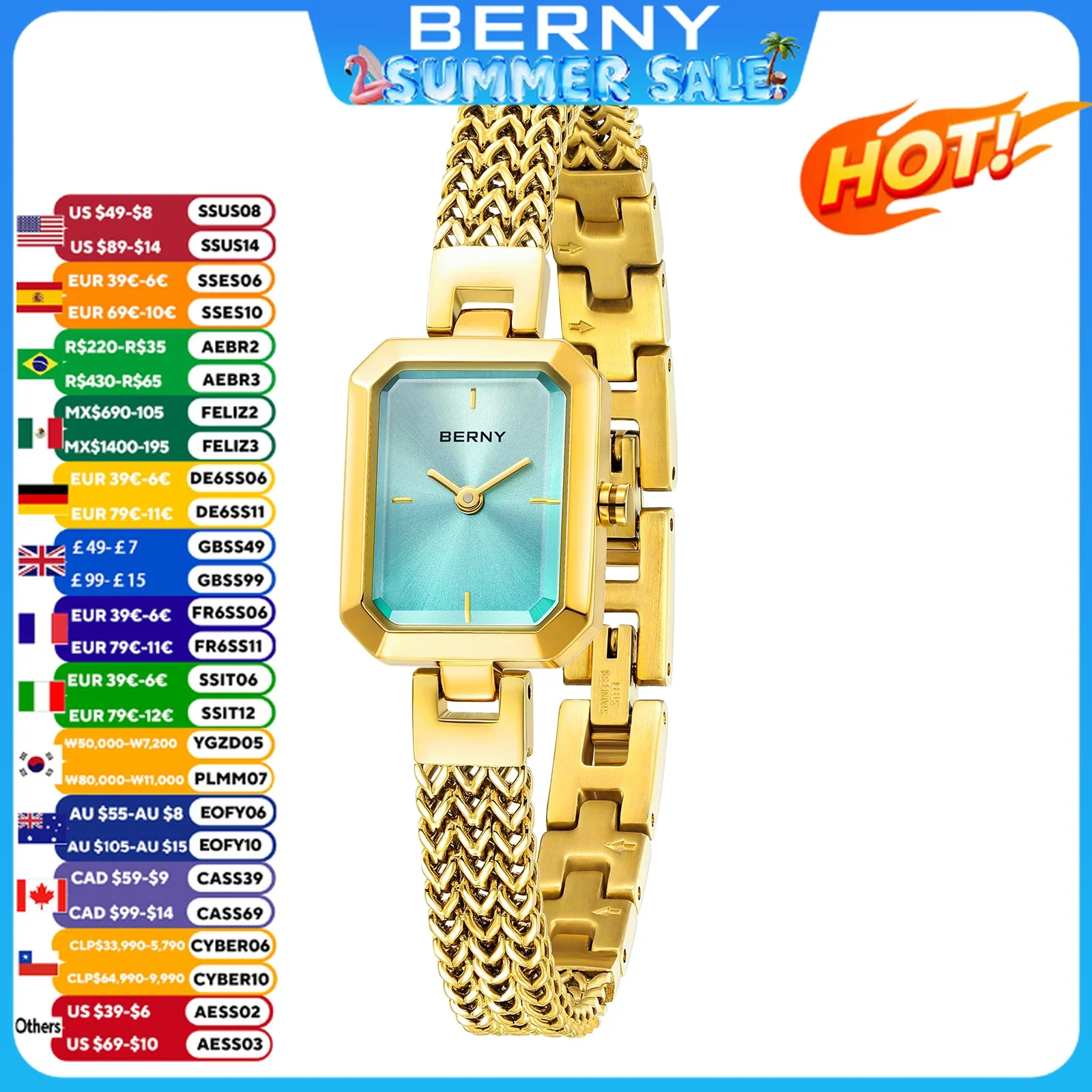 

BERNY Rectangle Women Watch Golden Quartz Fashion Minimalist Wrist Watches 3ATM Stainless Steel Watch Band Gold Ladies Watches