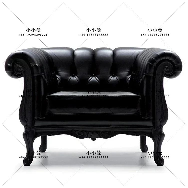 American retro solid wood sofa French country villa living room leather sofa three-person straight row sofa