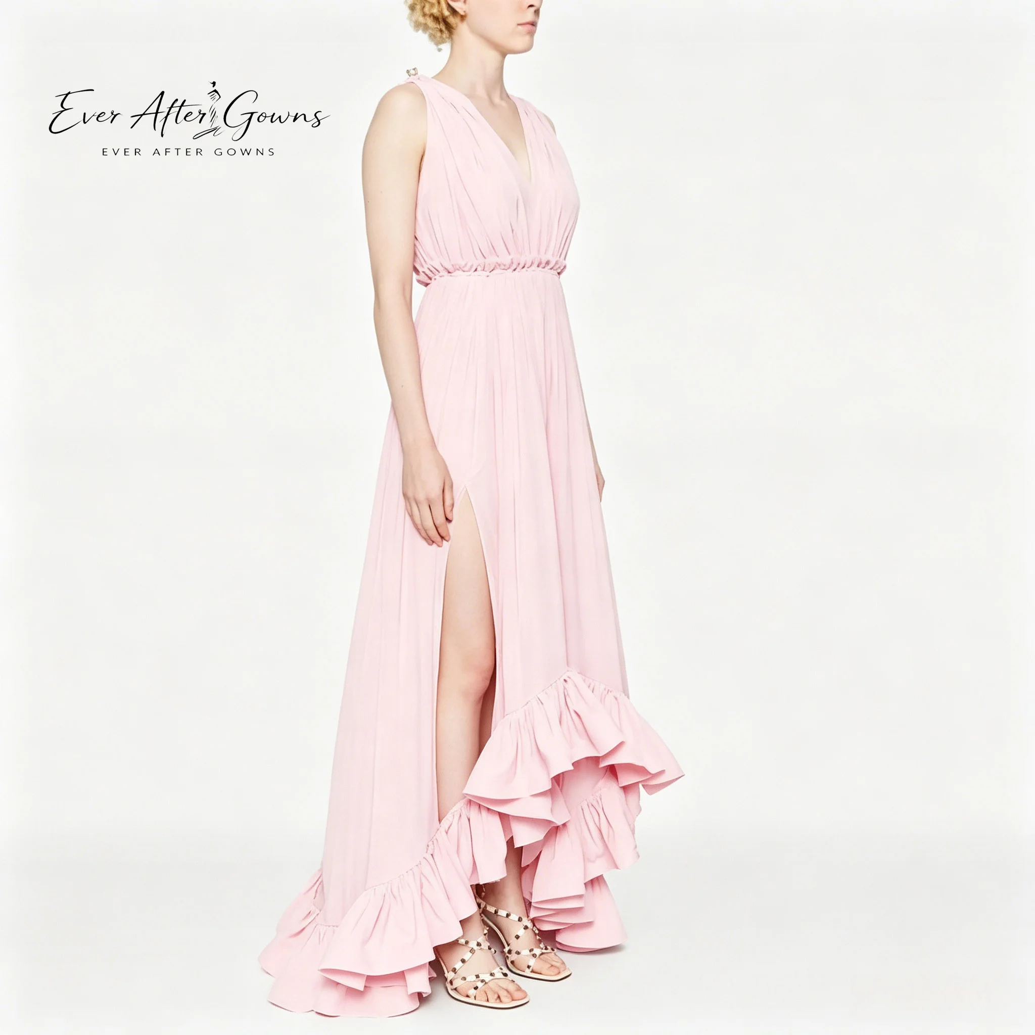 Ever After Gowns Blush Chiffon High Low Dress Women V Neck Ruffle Bridesmaid Gown
