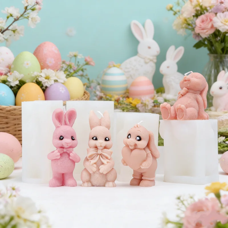 

Cute Love Bunny Silicone Candle Molds DIY 3D Smiling Bunny with Bow/Hold Heart Design Tools Valentine's Day Gifts Easter Decor