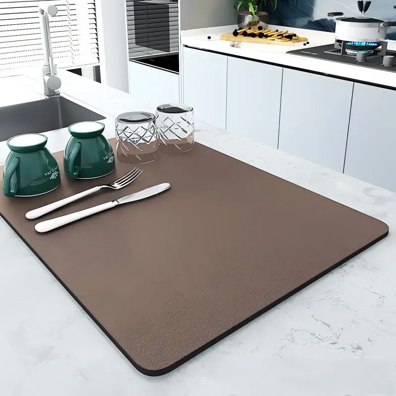 VIKAMA Kitchen Drain Mat Coffee Brown Solid Kitchen Counter Mat Highly Absorbent Fast Drying Anti Skid Flexible Lightweight