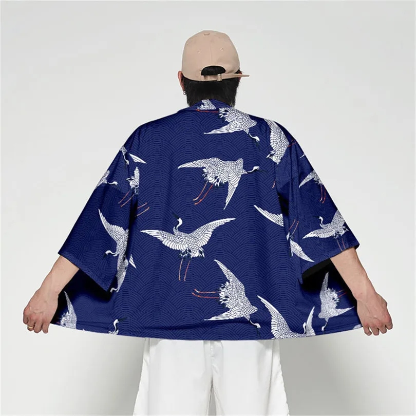 Samurai Crane Japanese Style Kimono Haori Men Women Cardigan Japanese Traditional Clothing Asian Clothes