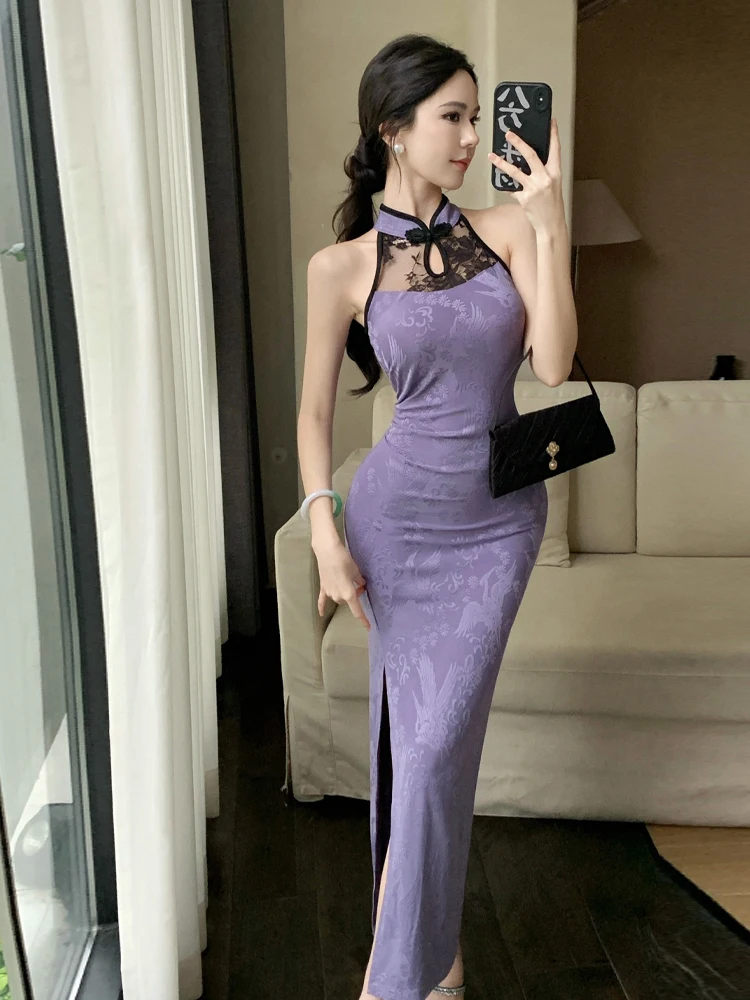 

Sexy Vintage Chinese Sle Velvet Print Bodycon Dr with Slit Ne Hanging Buttons New Version Qipao Attractive Summer Dr