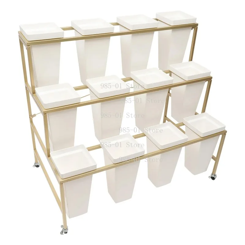 3-layer metal plant stand with wheels, includes 12pcs buckets, flower display stand for indoor and outdoor terraces and gardens