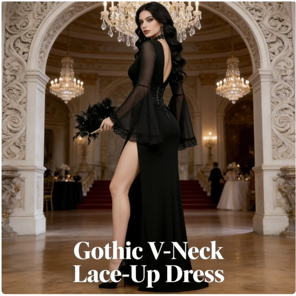 

Black Gothic Lace Patchwork Dress Long Sleeve Flare Sleeve