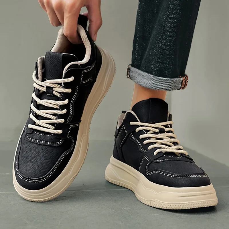 

Fall Men's Bla Casual Leather Work oes Versatile Comfortable Sports Anti-slip Thi Bot Heightening Dad Trendy Sneakers