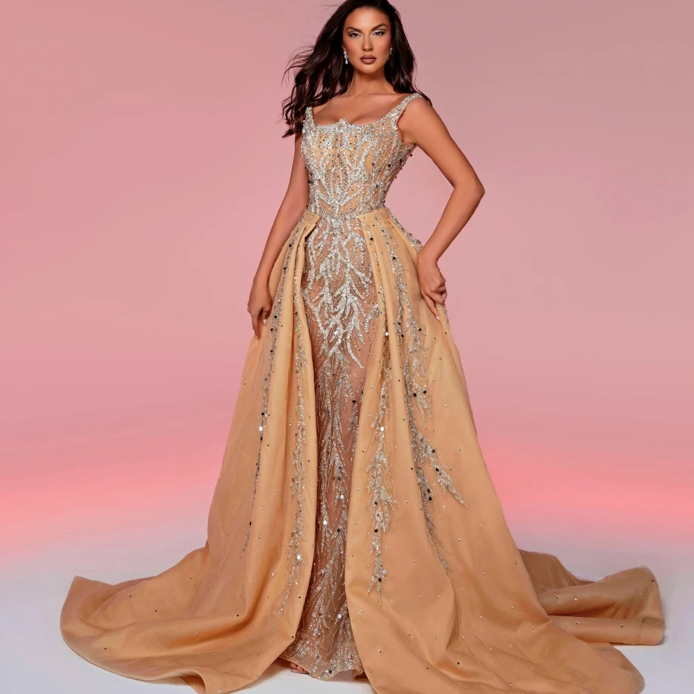 Luxury Detachable Train Cocktail Dresses Sequined Beads Evening Dress Sexy Illusion Mermaid Prom Gown Customized Robe De Mariée