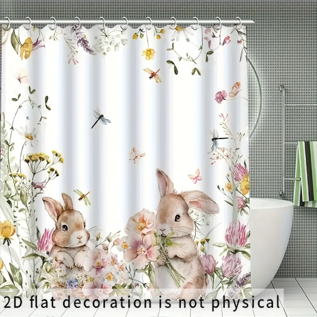 Shower Curtain Funny Shower Curtains for Bathroom 2D Flat Cloth 1pc Easter Bunny and Pink Petal Shower Curtain Set - Humorous