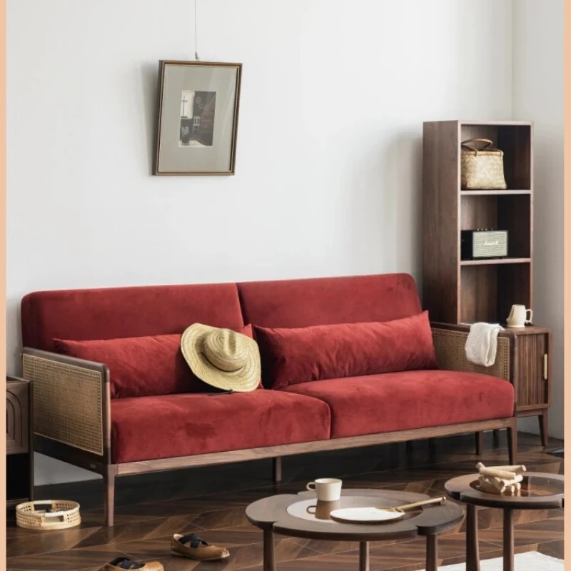 

Small apartment modern simple living room black walnut fabric solid wood sofa