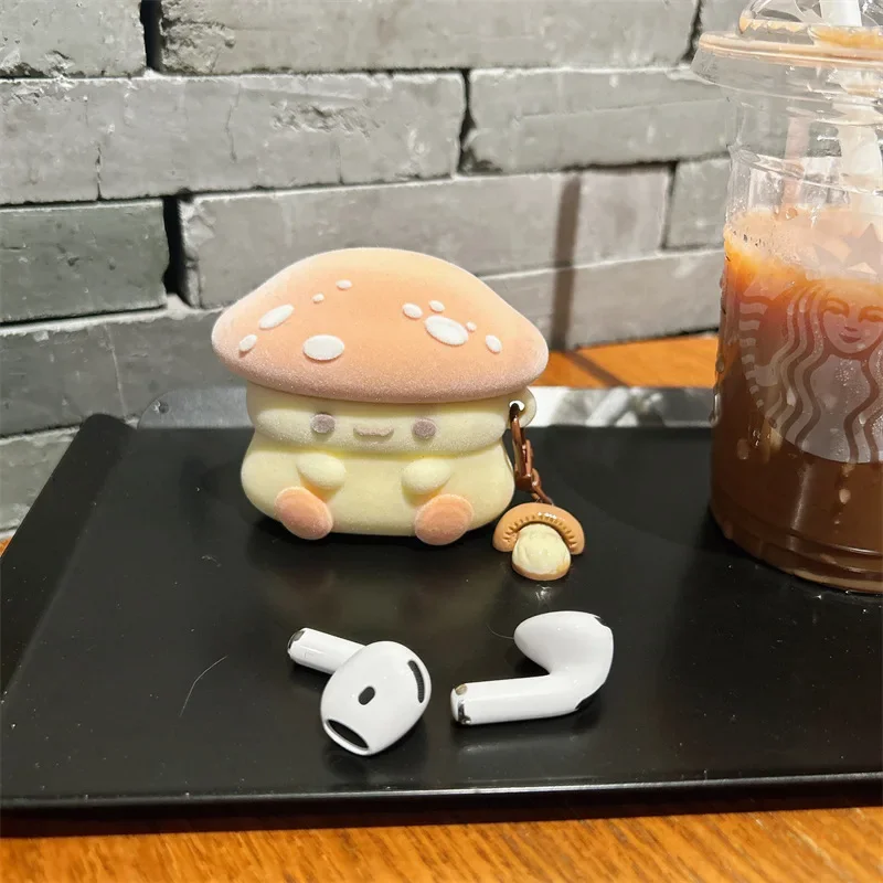 

Cartoon Mushroom Flocking Case for AirPods 4 Airpod 1 2 3 Pro Pro2 Bluetooth Earbuds Charging Box Protective Earphone Case Cover