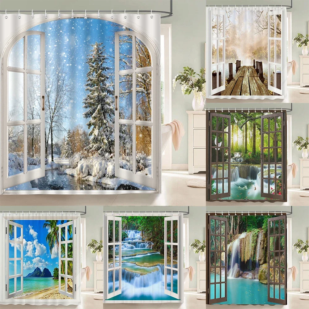 

Bath Curtain 3d Printing Window Scenery Forest Shower Curtains 180*200cm Waterproof Bathroom Curtain Washable Fabric With Hooks