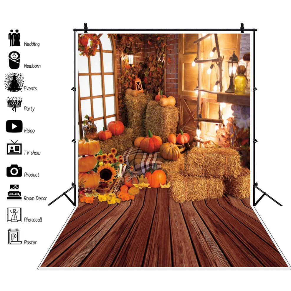 Halloween Bat Photography Backdrop Brown Wood Floor Autumn Fall Hay Pumpkin Maple Leaves Baby Portrait Photographic Background