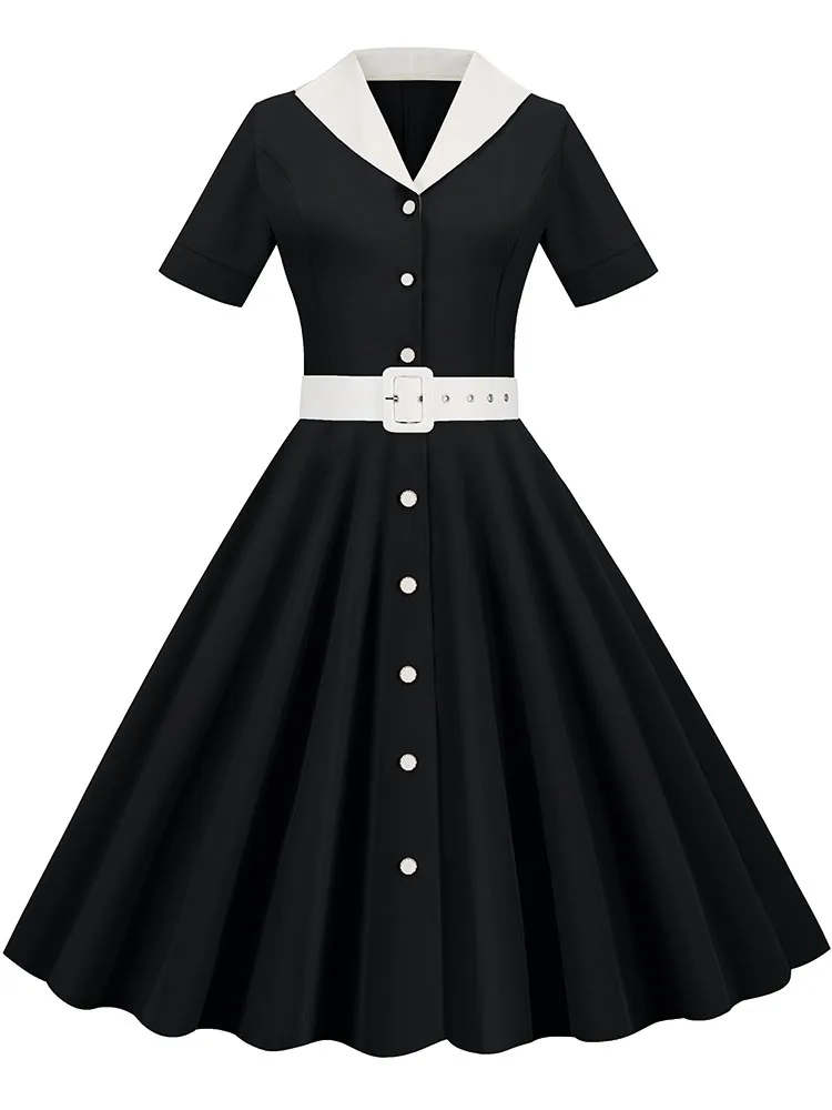 Vintage skręcić w dół kołnierz niebieska letnia sukienka dla kobiet elegancka, z krótkim rękawem solidna biurowa sukienka Midi Sundress-line wysoka talia