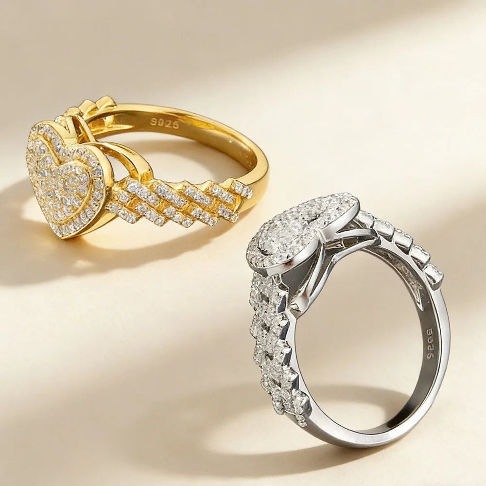 

GRA Certified Diamond Full Moissanite Heart Ring For Men Women Real 925 Sterling Silver Plated Gold Hip Hop Band Rings Jewelry