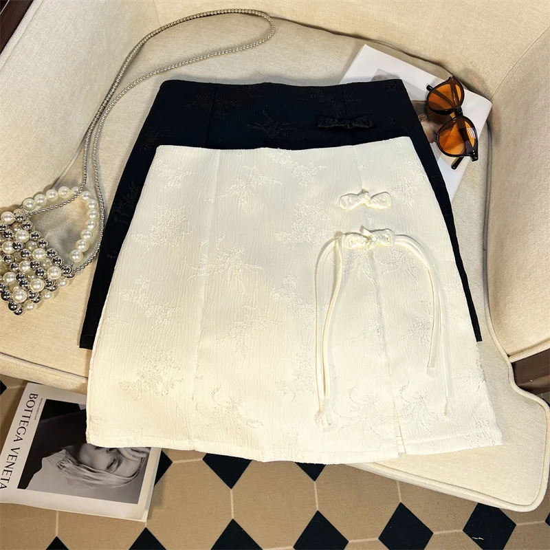 

Vintage White High Waist Elegant Chinese Style A-line Short Skirt Summer 2025 Retro Women's Black Button Up Jacquard Mini Skirts